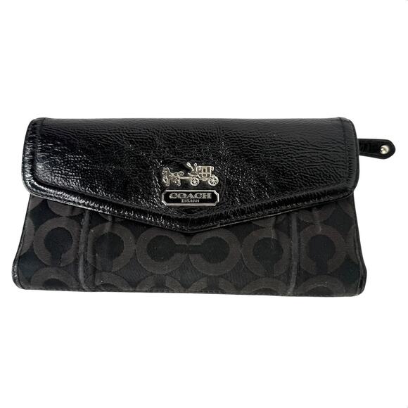 Coach Black LONG WALLET Patent Leather Canvas Signature CC Snap Flap Rear Zip - Picture 1 of 8